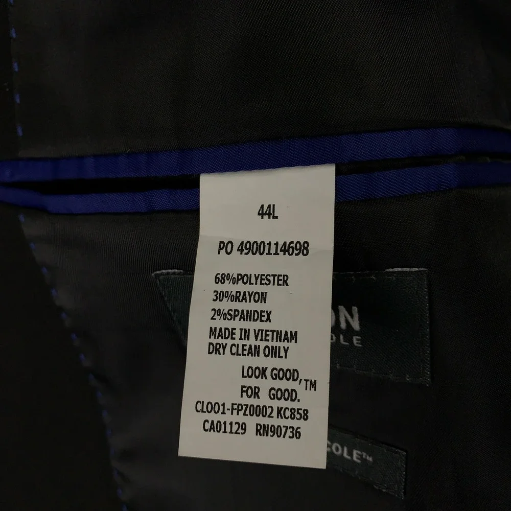 Kenneth Cole Reaction Techni-Cole 2 Piece Suit 44L Black Slim Fit Pants 34x34